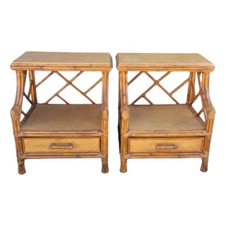 Vintage Chippendale Wicker Bamboo 1 Drawer Regency Nightstands- A Pair For Sale