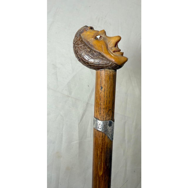 Antique 1800's Hand Carved Nut Wood Sterling Silver Man Face Walking Stick Cane For Sale - Image 10 of 17