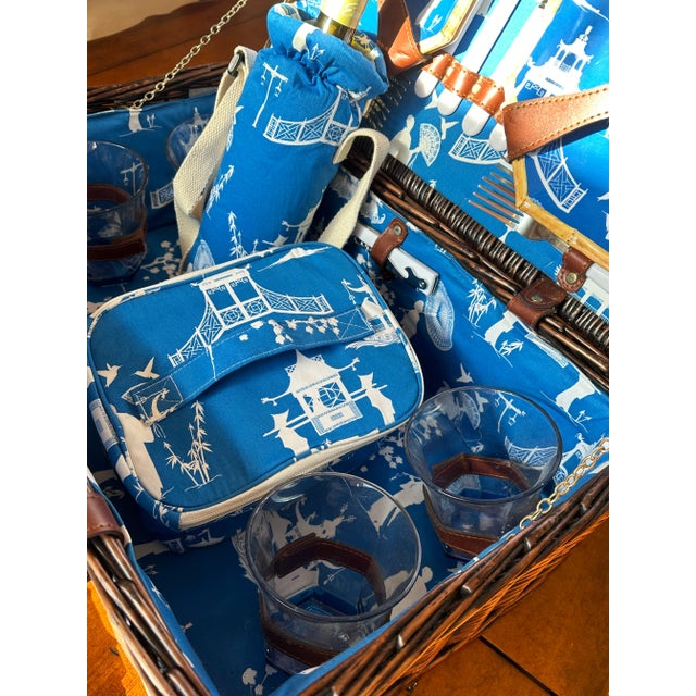 Early 21st Century Kim Seybert Cobalt and White Chinoiserie Picnic Basket - 30 Pieces For Sale - Image 5 of 12