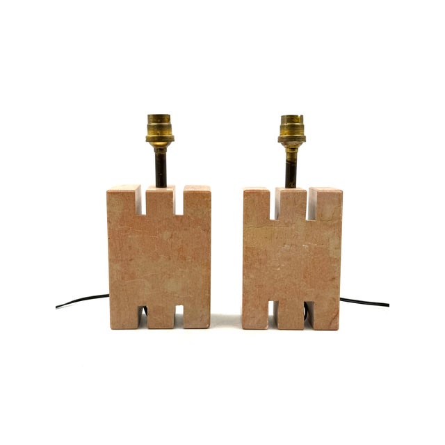 1970s Hollywood Regency Pink Marble Set of 2 Table Lamps, France 1970s For Sale - Image 5 of 13