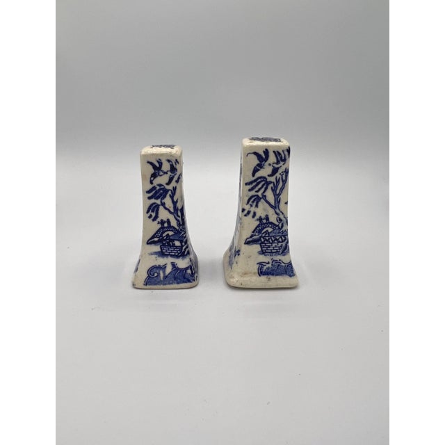 Japanese Vintage Blue and White Ceramic Salt and Pepper Shakers, Stamped "Blue Willow" Japan For Sale - Image 3 of 8
