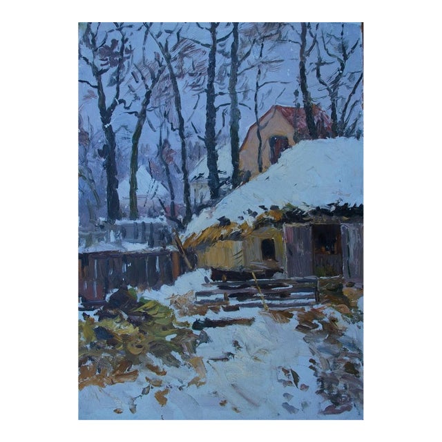 Vintage Winter Landscape Painting, Impressionism, Ukrainian Art on Cardboard 50-35 For Sale
