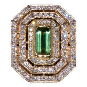 Certified Natural 2.82cts vs F Diamond Green Tourmaline 750 18k Solid Gold Milgrain Cocktail Ring, Size 6.25