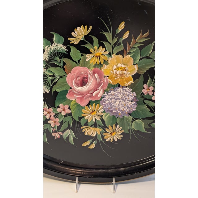 Shabby Chic 1950s Large Vintage Black Background Oval Toleware Tray For Sale - Image 3 of 7