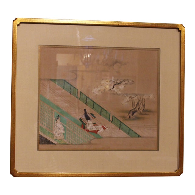 19th Century Painted Scene From "The Tale of Genji" Viewing Spring For Sale