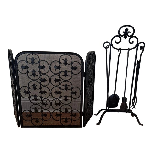 Vintage Spanish Revival Iron Three Panel Folding Fireplace Screen With Matching Vintage Wrought Iron 4 Piece Fireplace Tools With Stand For Sale