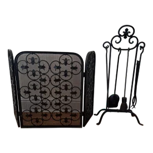 Vintage Spanish Revival Iron Three Panel Folding Fireplace Screen With Matching Vintage Wrought Iron 4 Piece Fireplace Tools With Stand