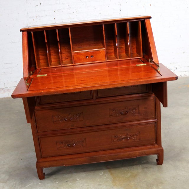 Chinese Asian Teak Hand Carved Drop Front Compartmentalized Desk Style of George Zee For Sale - Image 3 of 13