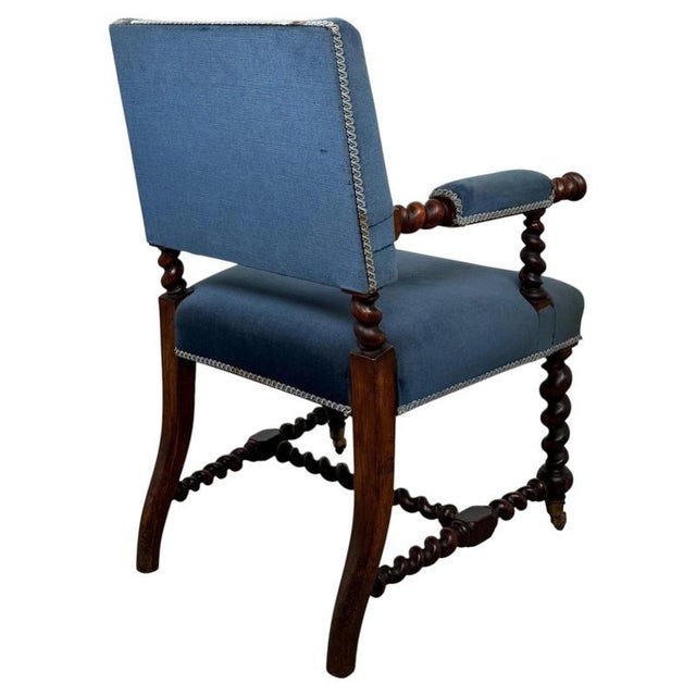 Metal Antique English Victorian Carved Oak Barley Twist Armchair For Sale - Image 7 of 14