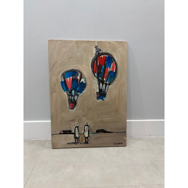 A charming and whimsical original Mid-Century Modern painting on stretched canvas depicting a playful hot air balloon...