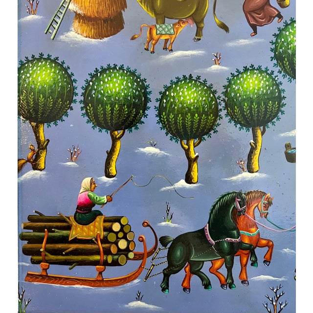 Ljubomir Milinkov, Folk Art Naive Oil Painting Ljubomir Milinkov Whimsical Pastoral Farm Landscape For Sale - Image 9 of 18