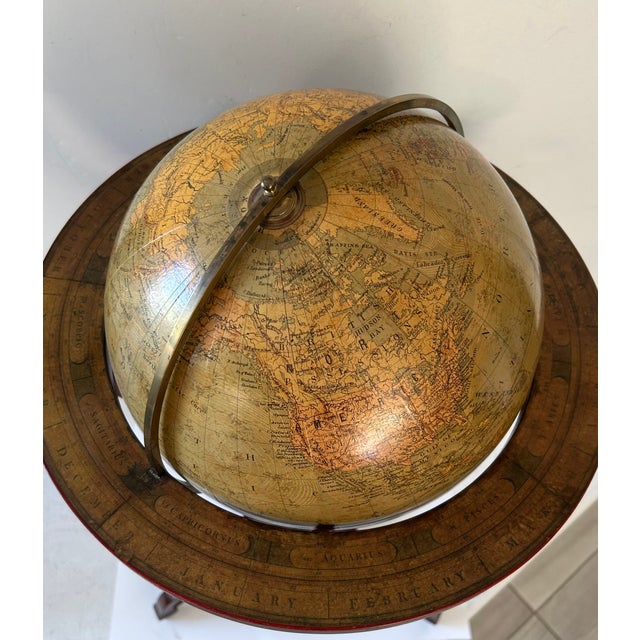 Merzbach and Falk 1881 physical and political library globe in english mahagony stand with compass in stretcher base....