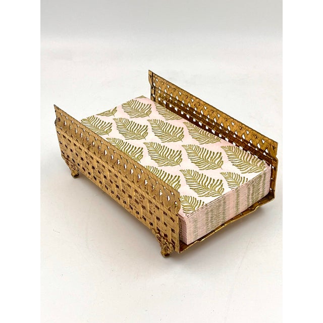 Vintage Mid-Century Hollywood Regency gold metal guest towel tray with a basketweave design. Shiny gold metal woven to...