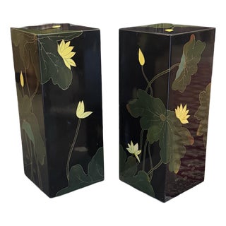 Asian Floral Pedestal a Pair Black Lacquer Hand Painted For Sale