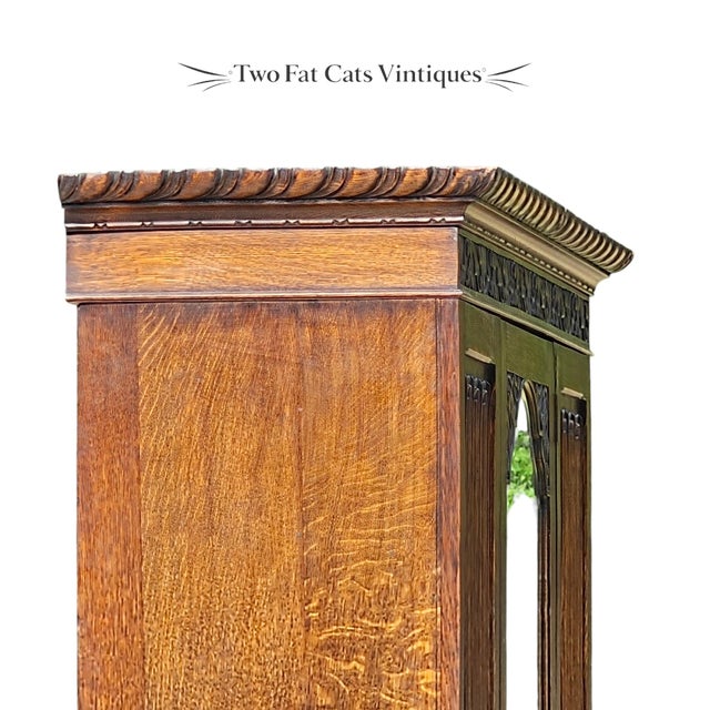 Wood Antique Victorian Oak Wardrobe | Armoire | 3-Piece Knockdown | Beveled Mirror | Key | 19th Century For Sale - Image 7 of 18