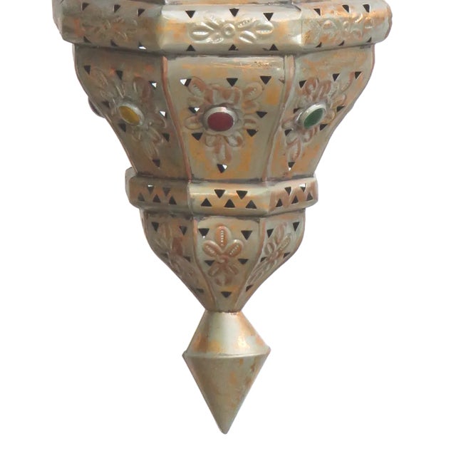 Vintage Moroccan Pierced Metal & Glass Jewel Lantern Pendant Light Fixture For Sale - Image 4 of 5