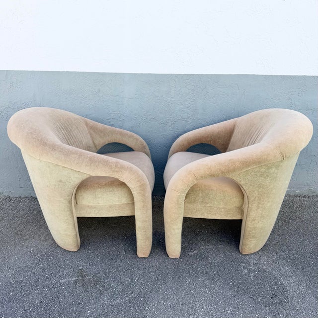 1980s Postmodern Sculpted Tan Velvet Lounge Chairs - A Pair For Sale - Image 5 of 9