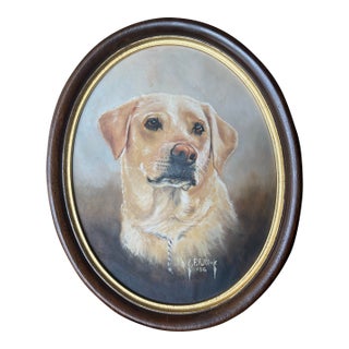 1980s Original R. F. Fullick Painting “Yellow Labrador” in Oval Wood and Gilt Frame For Sale