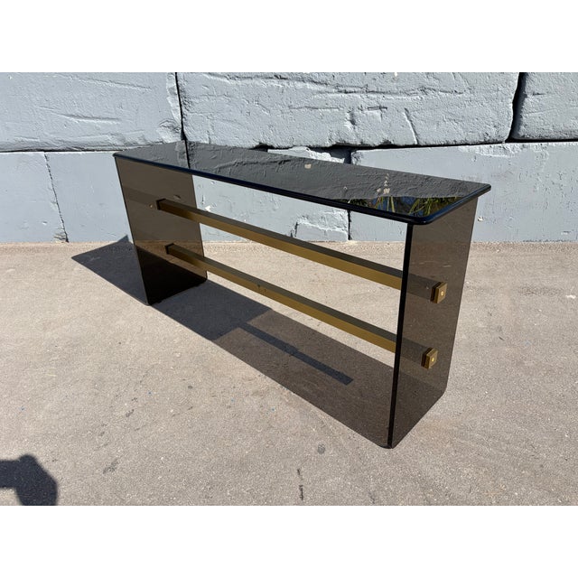 1970s Mid Century Modern Dark Glass and Brass Console Table, Sofa Table For Sale - Image 14 of 16