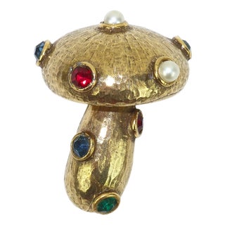 Jeanne Jewelry Gold Plated Bejeweled Mushroom Brooch, 1960's For Sale
