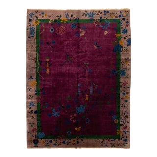 Art Deco Antique Purple Wool Rug Handmade With Chinese Floral Motif For Sale