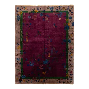 Art Deco Antique Purple Wool Rug Handmade With Chinese Floral Motif