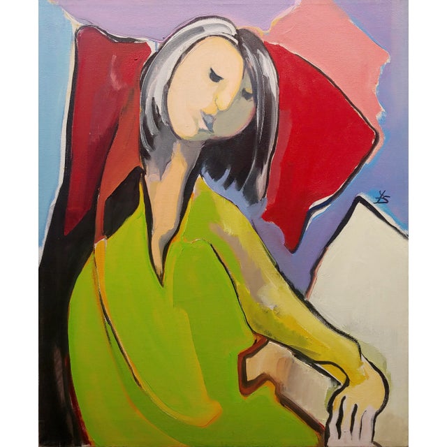 Fay Singer - Woman in Green reading -Oil painting Oil painting on canvas -signed No Frame canvas size: 24x20 Artist...
