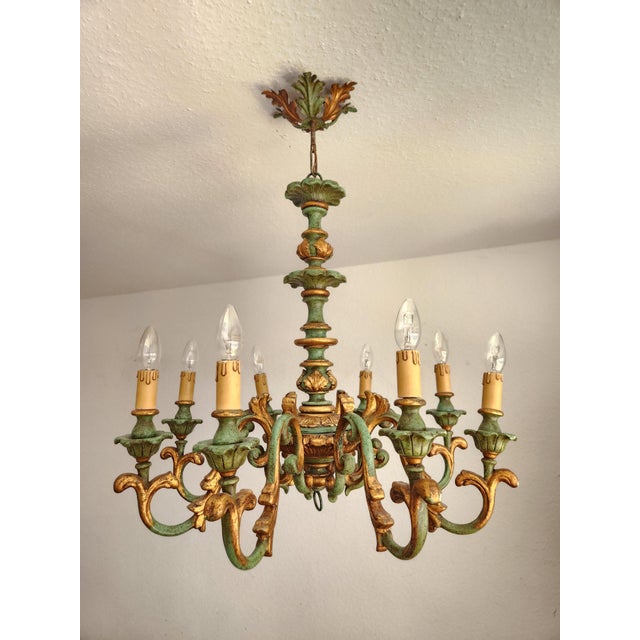 Vintage Louis XV Silvered Gold-Plated Leaf Carved Wood Eight Light Chandelier with Floral Motifs, Italy, 1920s, Set of 2 For Sale - Image 18 of 18