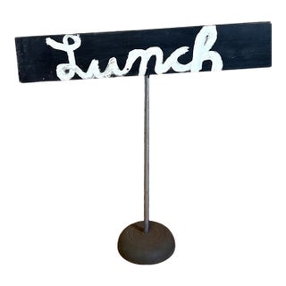 Mid 20th Century Rustic Hand-Painted Wooden "Lunch" Sign on Cast Iron Stand For Sale
