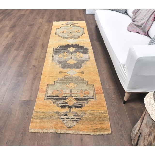 2'6x9'4 Vintage Orange Geometric Orange Hand-Knotted Runner For Sale - Image 4 of 9