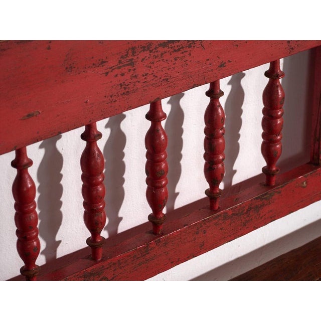 Red Antique Painted Pine Bench with Turned Back, Central Europe, 1900 For Sale - Image 8 of 11