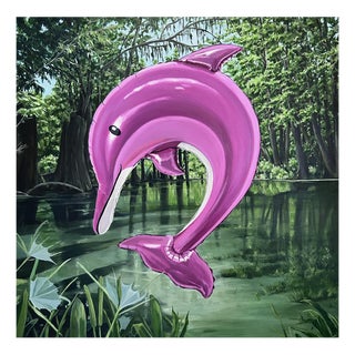 Sofía Cristina Jiménez, Pink Inflatable Dolphin in an Amazon Forest River Landscape, Acrylic Painting, 2025 For Sale