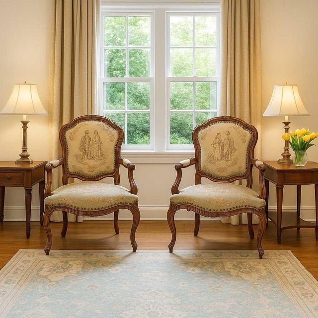 A pair of Louis XV-style armchairs with carved wood frames, cabriole legs, and tapestry-style upholstery in warm neutral...