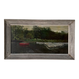 1960s Mid Century Impressionist Lake – Red Canoe Oil on Masonite Board, Framed For Sale