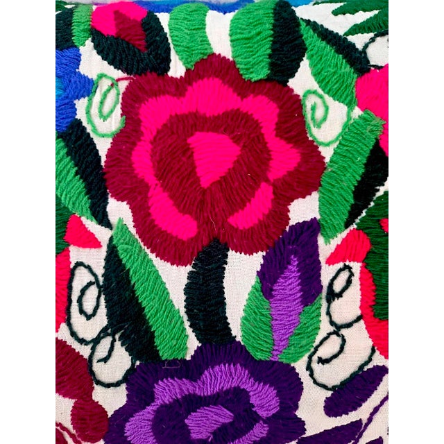 White Vintage Multicolor Embroidered Otomi Tenango Hand-Stitched Pillows, a Pair For Sale - Image 8 of 13