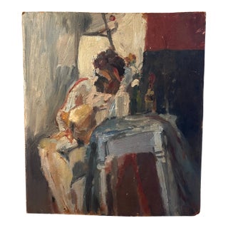 Mid-Century Modern Abstract Impressionist Oil Painting on Board - Portrait of a Seated Man For Sale