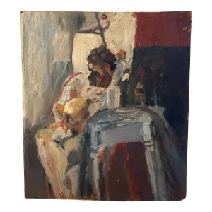 Mid-Century Modern Abstract Impressionist Oil Painting on Board - Portrait of a Seated Man