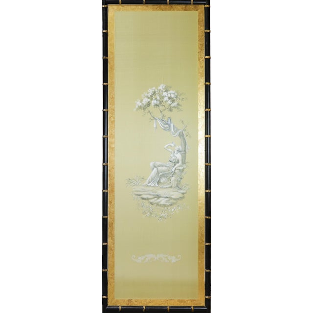 Late 20th Century Vintage Neoclassical Four-Panel Folding Screen – Hand-Painted Silk With Faux Bamboo Frame For Sale - Image 5 of 15