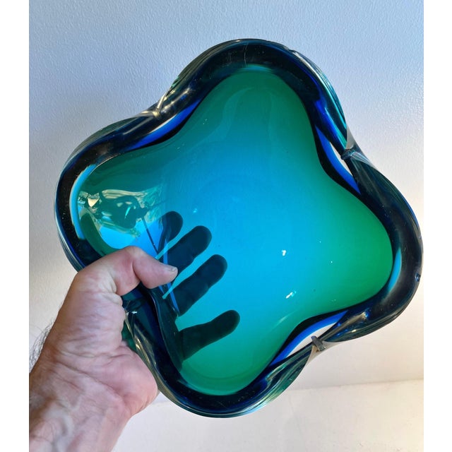 Glass Large Biomorphic Murano Blue & Green Glass Bowl, circa 1970 For Sale - Image 7 of 12