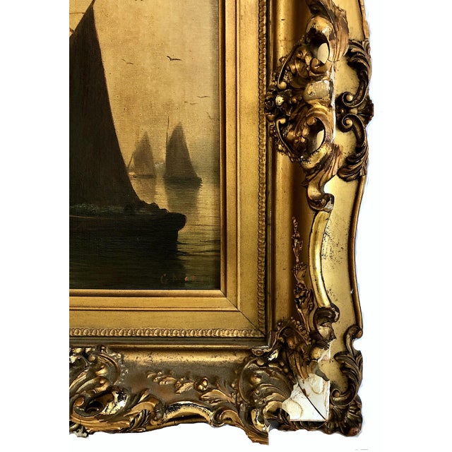 Khaki Antique Tonalist “English Fishing Boats” Marine Painting, by G. Martin For Sale - Image 8 of 11