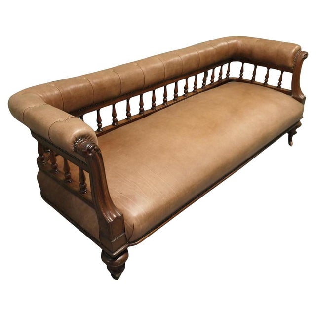 Brown Long Victorian Open Arm Chaise in Leather For Sale - Image 8 of 8