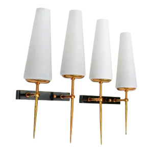 Maison Arlus Pair of Sconces Brass, Steel & Blown Opaline Shades France 1955
