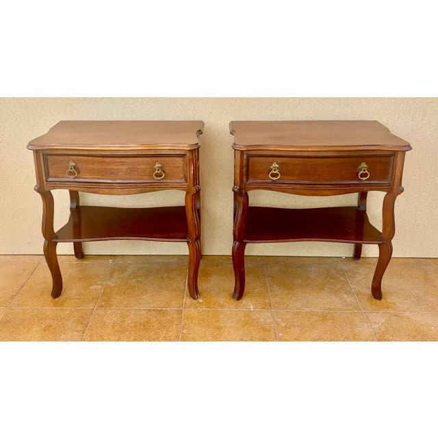 Spanish Pair of Spanish Wood Bedside Tables With Drawers and Lower Shelves, 1940s For Sale - Image 3 of 15