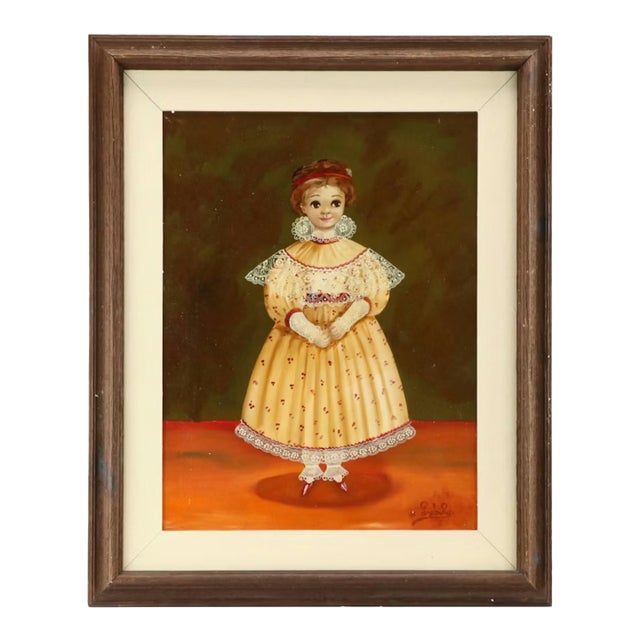 Mid 20th Century Agapito Labios Mexican Girl Folk Art Painting Oil on Canvas For Sale