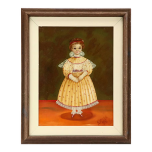 Mid 20th Century Agapito Labios Mexican Girl Folk Art Painting Oil on Canvas