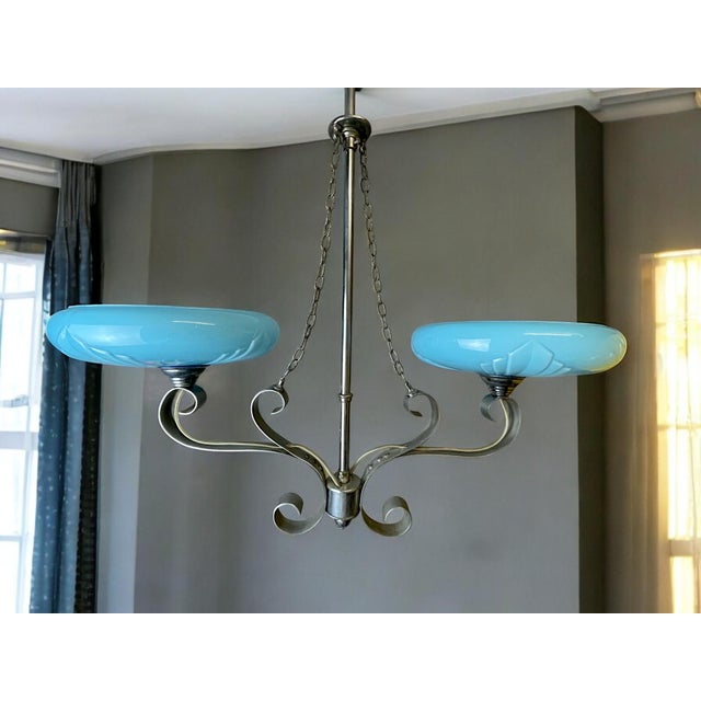 Art Deco Chandelier with Two Opaline Blue Glass Shades, 1940s For Sale - Image 6 of 14