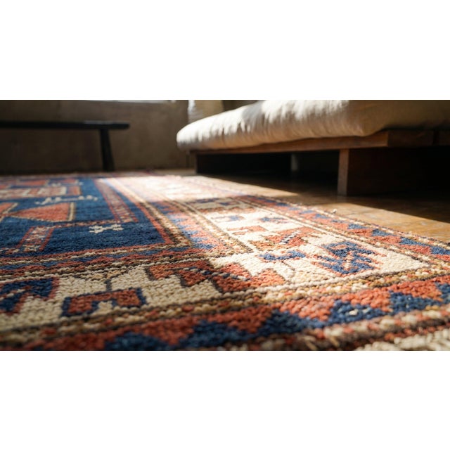Textile 1900s Blue Navy Tribal Primitive Antique Caucasian Kazak Rug 4'4" X 6'6" Knotted Wool Carpet For Sale - Image 7 of 9