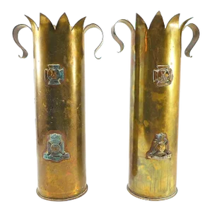 Pair of Antique World War I English Artillery Brass Shell Vases Wiltshire Regiment