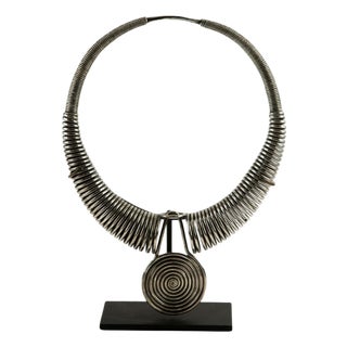 Mid 20th Century Miao Tribe Silver Necklace with Coiled Rings with Center Medallion For Sale