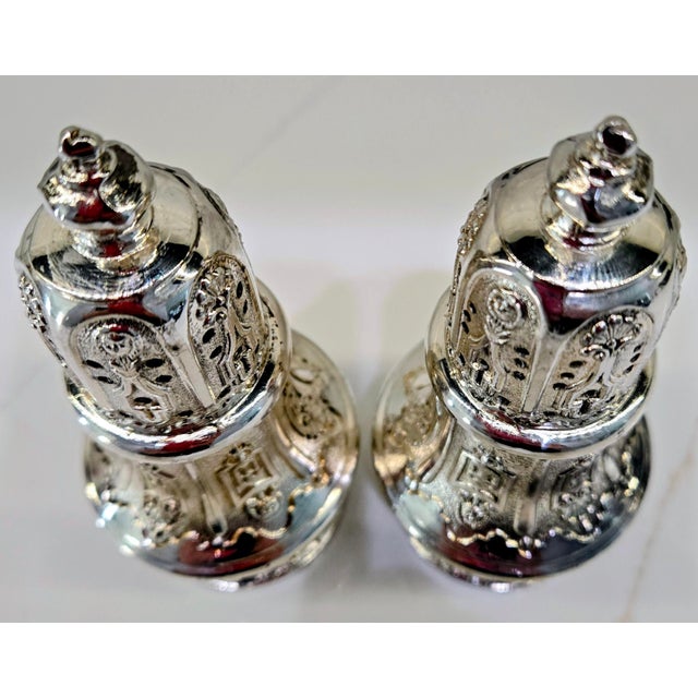 Hollywood Regency Vintage Japanese Silver-Plated Salt & Pepper Shakers by Corbell & Co., Pair For Sale - Image 3 of 12